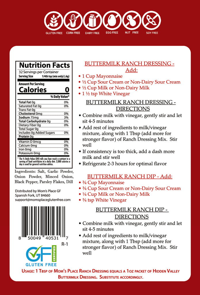 Mom's Place Gluten Free & Dairy Free Ranch Dressing Mix
